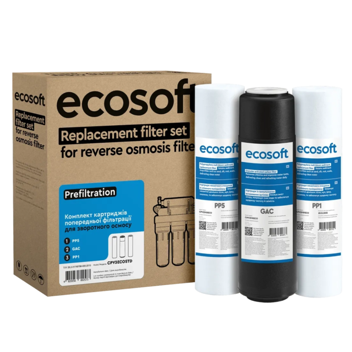 Standardowy zestaw filtrów  wstępnych Ecosoft CPV3ECOSTD na 6 miesięcy.