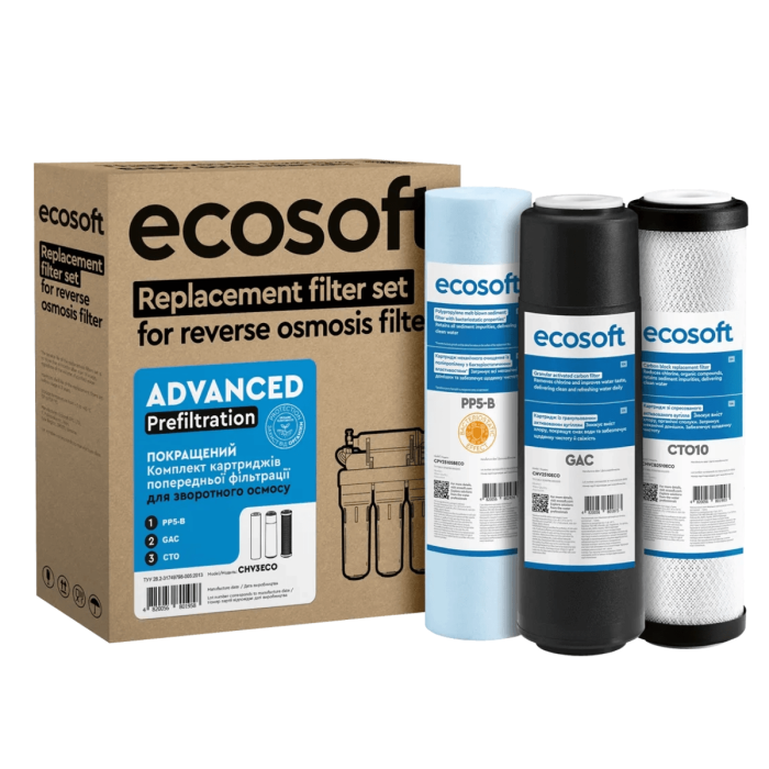 Zaawansowany zestaw filtrów  wstępnych Ecosoft CHV3ECO do filtra odwróconej osmozy. Zestaw półroczny do osmozy.