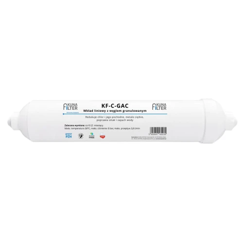 Wkład węglowy, liniowy  Kuna Filter  do filtrów osmozy. Węgiel z łupin orzecha kokosowego. KF-C-GAC.