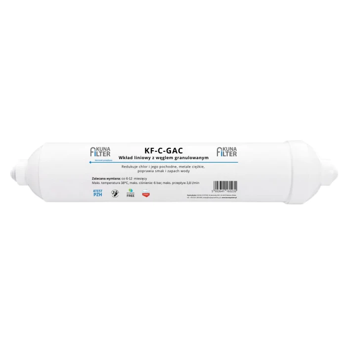 Wkład węglowy, liniowy  Kuna Filter  do filtrów osmozy. Węgiel z łupin orzecha kokosowego. KF-C-GAC.