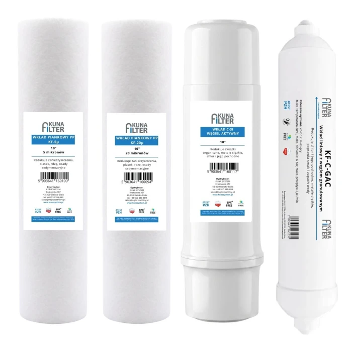 Zestaw wkładów wymiennych Kuna Filter. Wkłady na serwis pełny dla filtrów RO7, RO5SMD, KFRO7, KFRO5SMD.