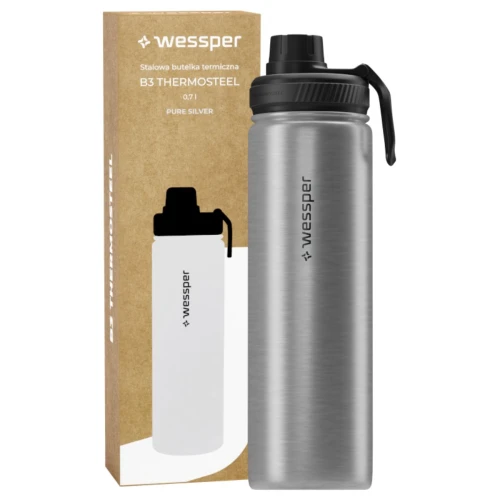 Bidon termiczny Wessper ActiveMax Steeline 0,7 l. Butelka kolorze srebrnym.